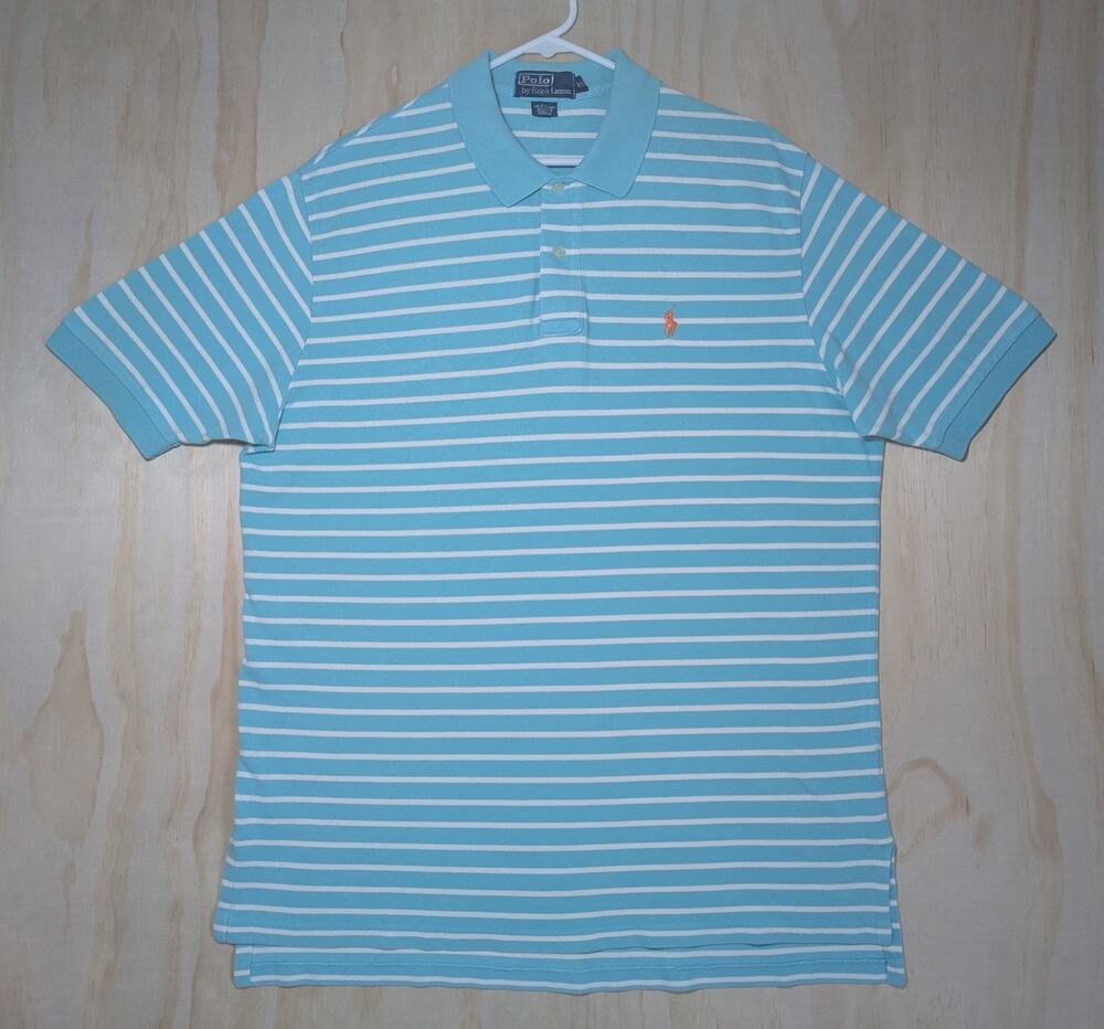 Polo Ralph Lauren Men's XL Shirt Blue White Orange Pony Casual Mesh Cotton